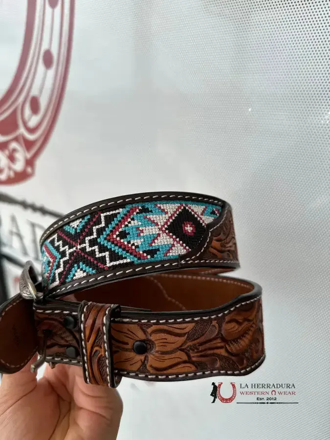 3D AZTEC OCEAN HAND TOOLED BELT