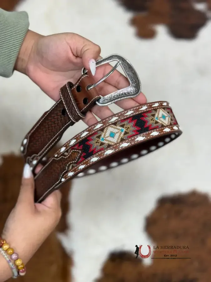 3D BELT COMPANY CINTURÓN AZTEC STITCHED RED BALCK WHITE DETAIL