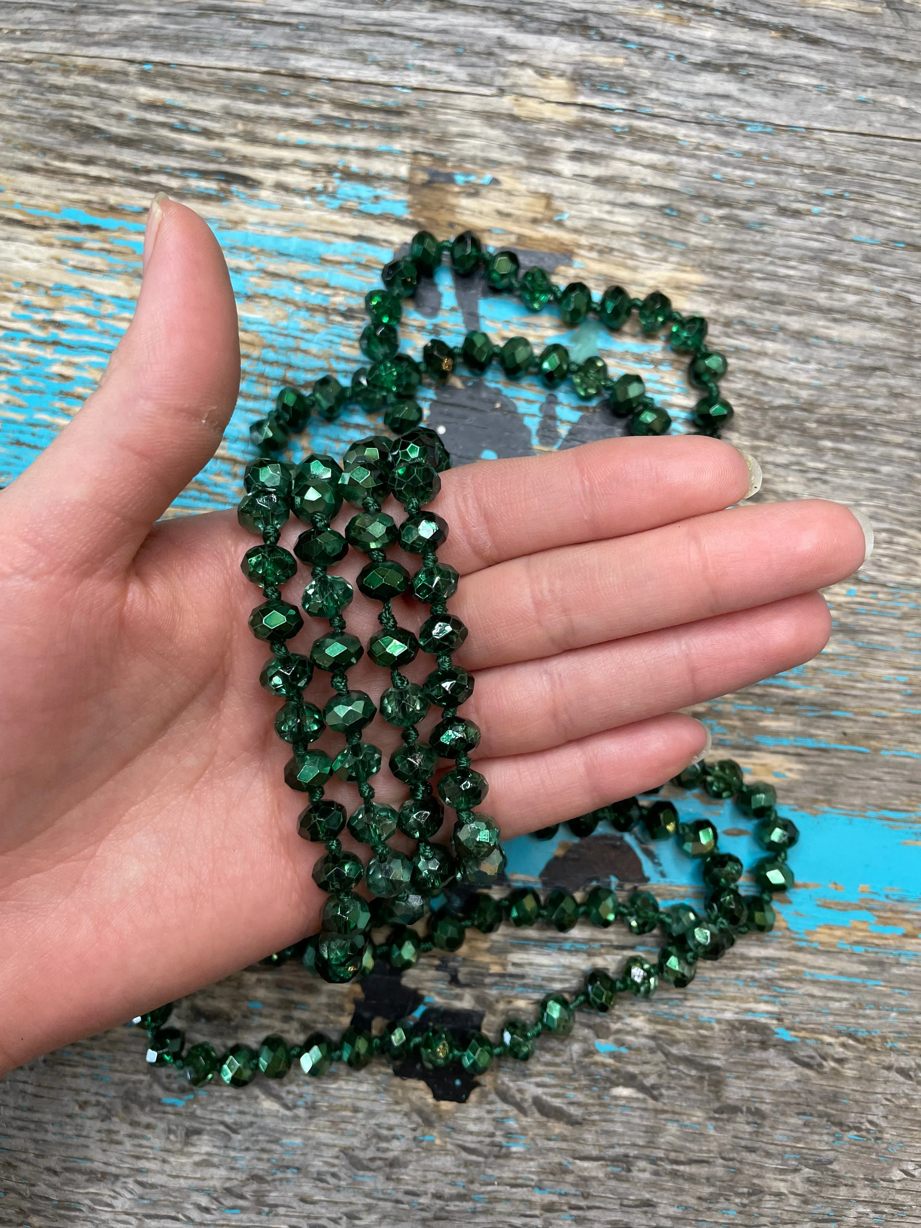 60" Hand Knotted Hunter Green Bead Necklace
