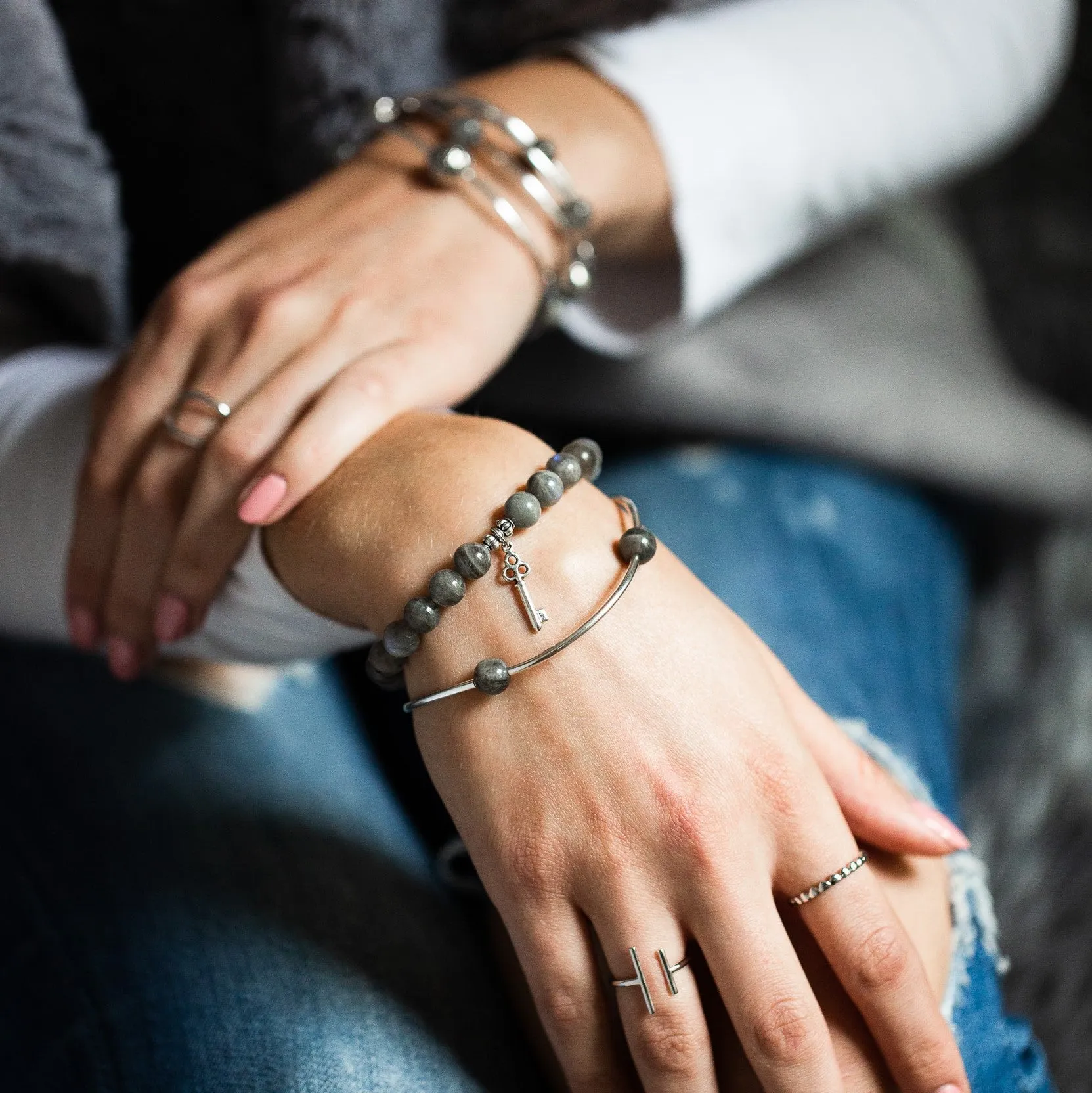 Angel Wing | Stone Beaded Charm Bracelet | Tiffany Blue Agate