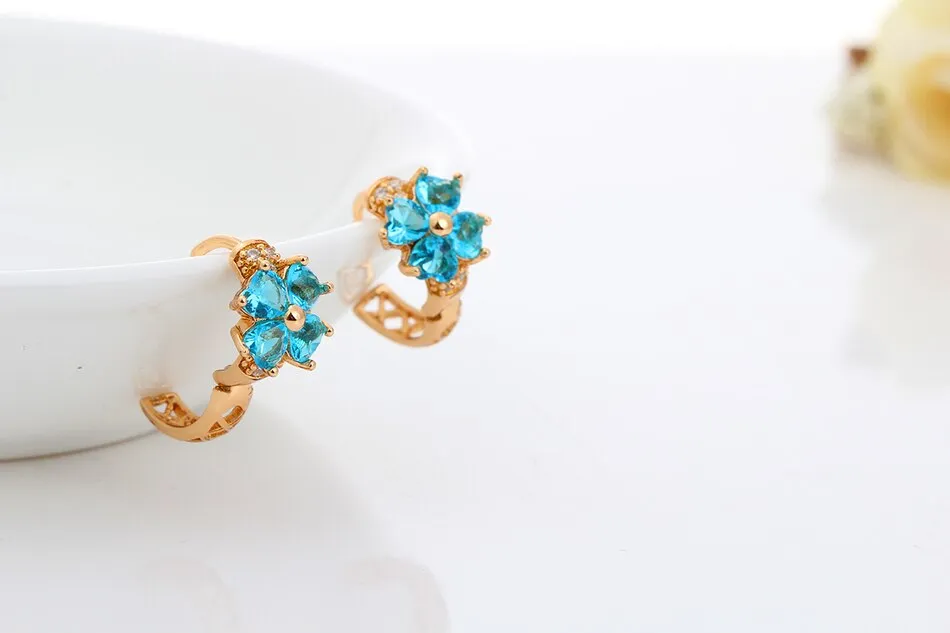 Blue Crystal Lucky Four Leaf Clover Heart Cut Small Hoop Earrings