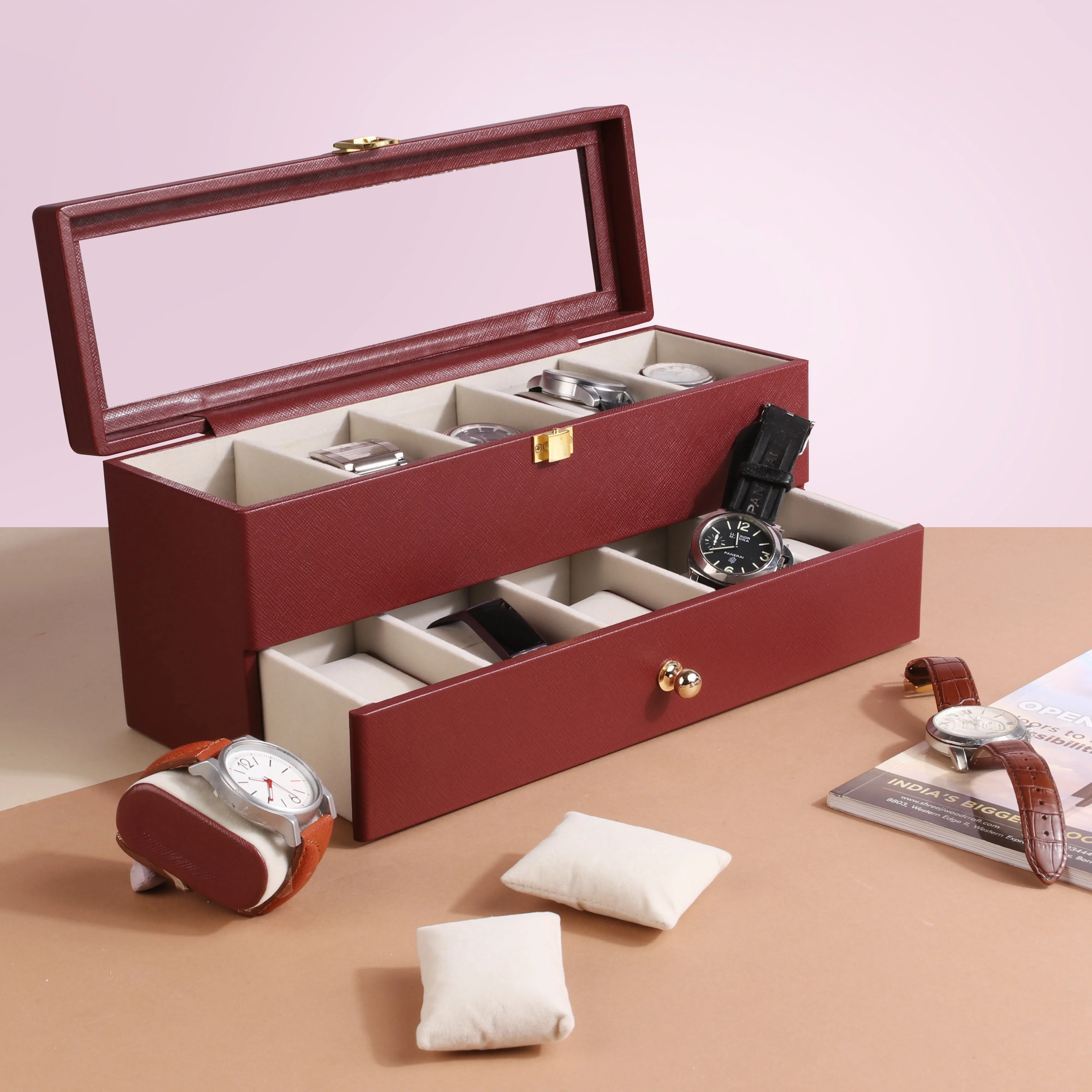 Bronx II Genuine Leather Watch Box / Case | 10 Slots Watch Box Case for Men | Color: Black, Brown & Cherry
