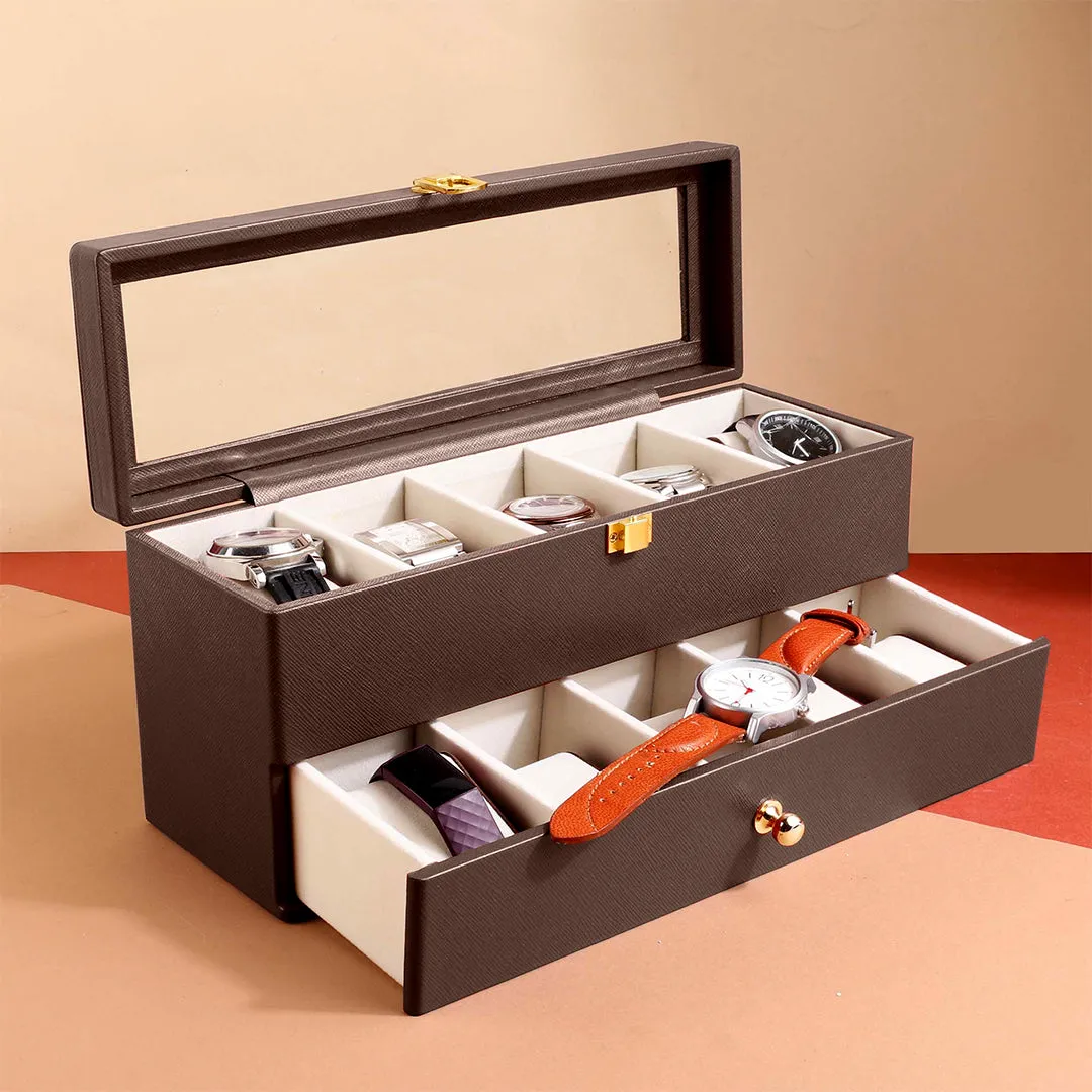 Bronx II Genuine Leather Watch Box / Case | 10 Slots Watch Box Case for Men | Color: Black, Brown & Cherry