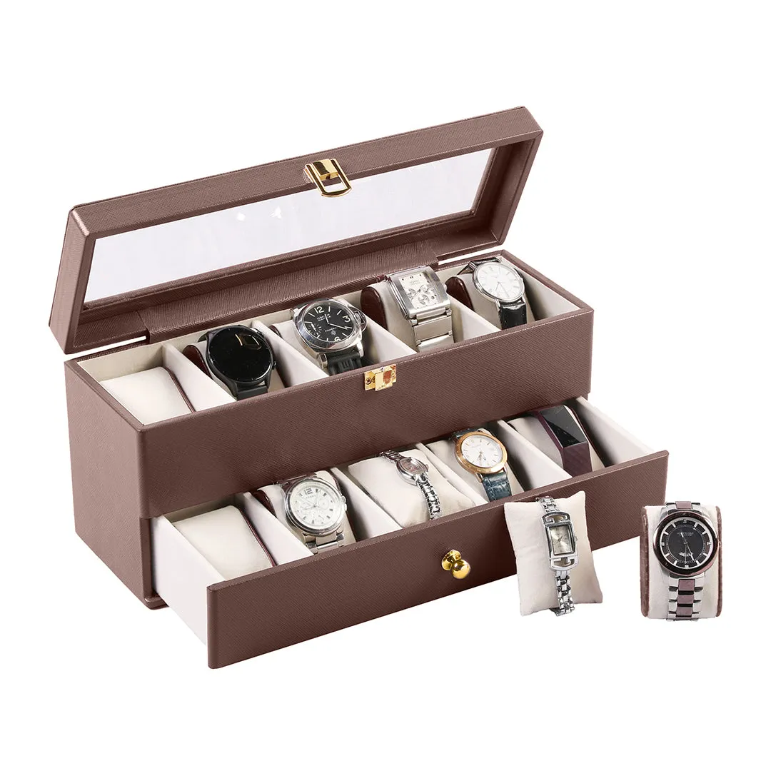 Bronx II Genuine Leather Watch Box / Case | 10 Slots Watch Box Case for Men | Color: Black, Brown & Cherry