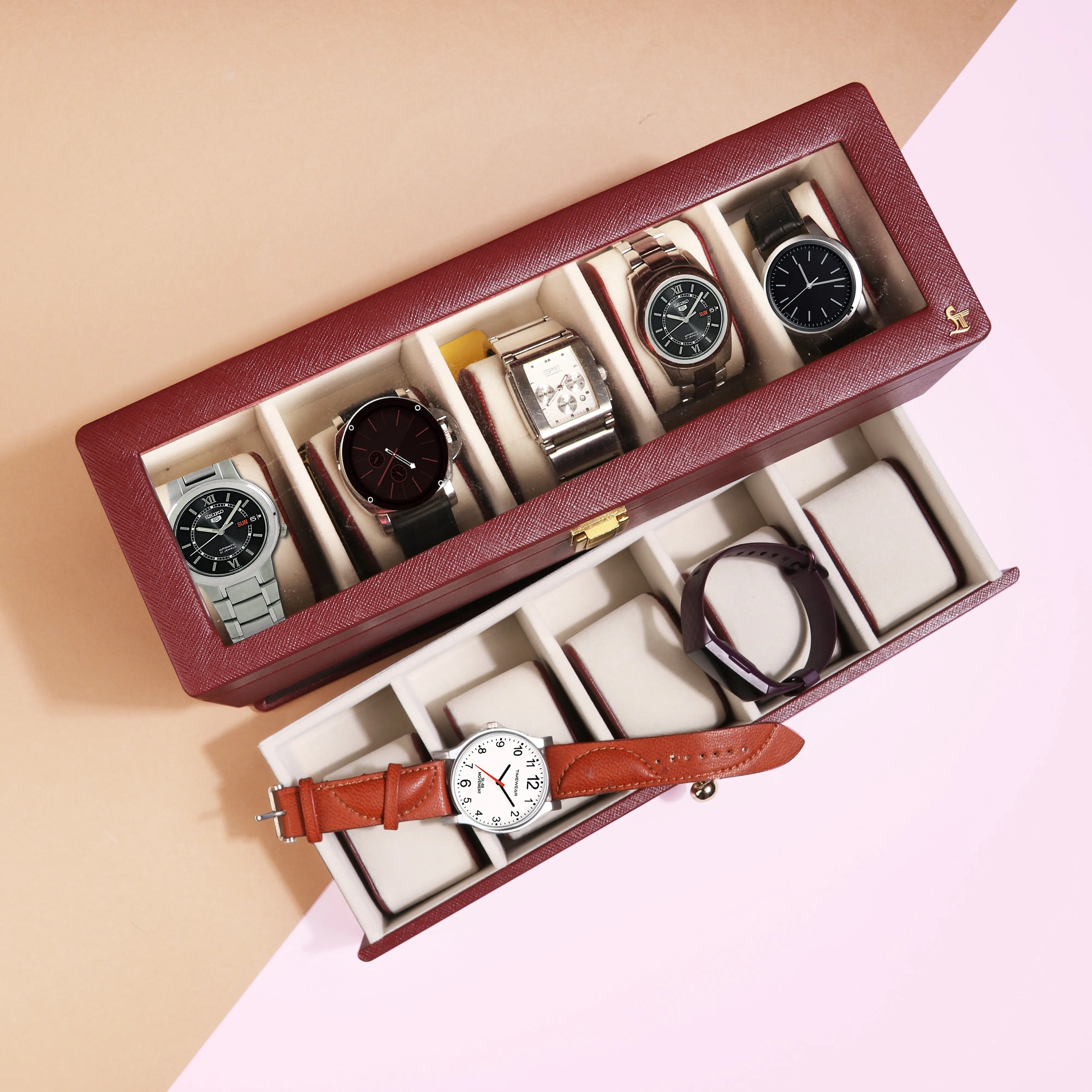 Bronx II Genuine Leather Watch Box / Case | 10 Slots Watch Box Case for Men | Color: Black, Brown & Cherry