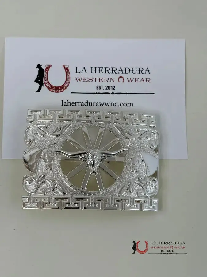 BULL HORNS SILVER DETAIL SQUARE BUCKLE