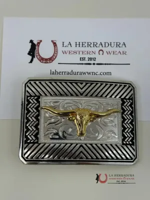 BULL HORNS SILVER/BLACK DETAIL SQUARE BUCKLE