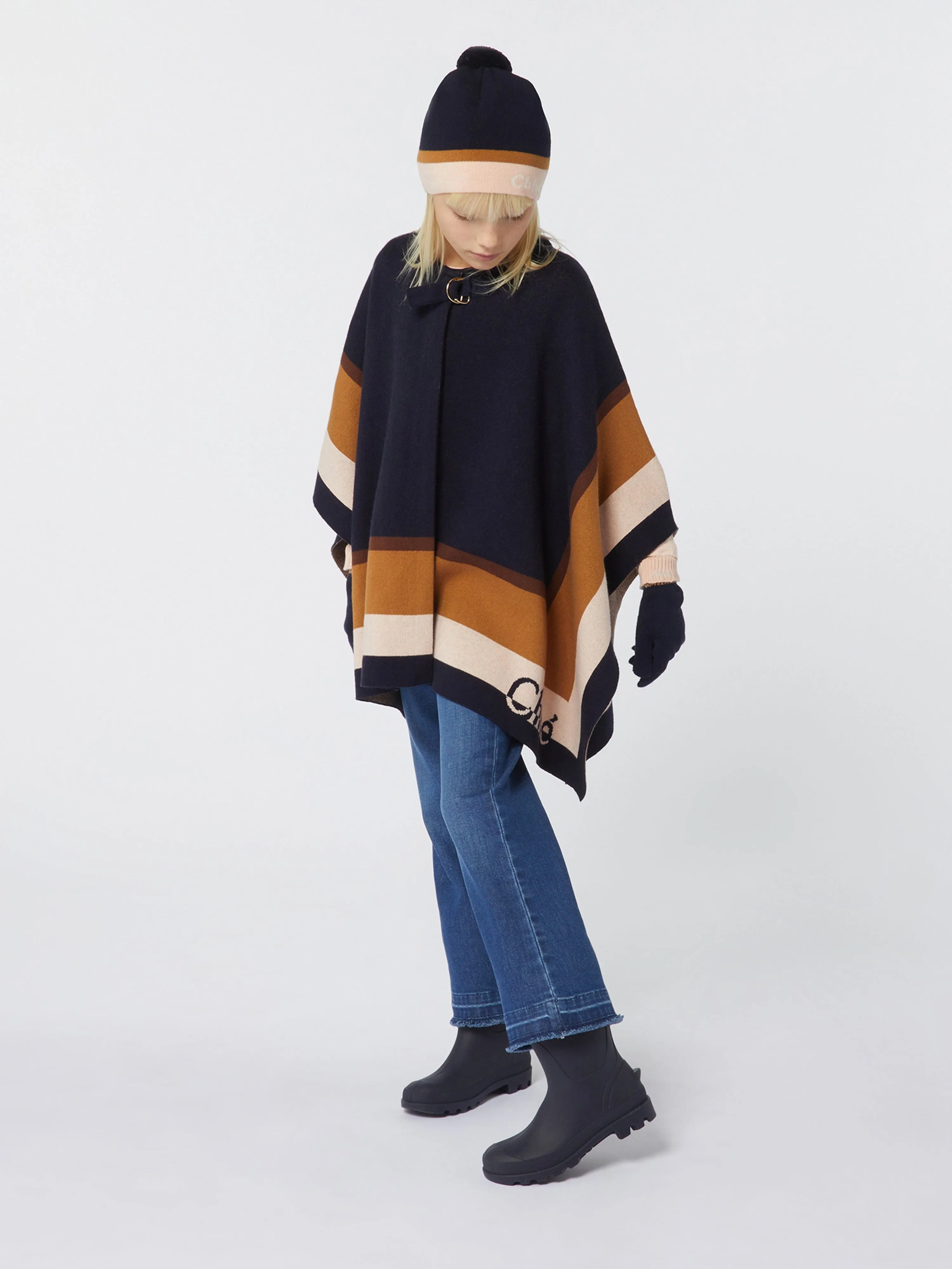 Chloé Girls Knitted Bobble Hat in Navy