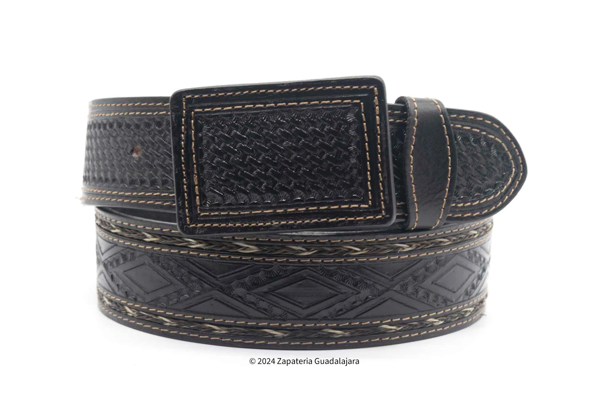 CIN001 MEN HAND-TOOLED WESTERN LEATHER BELT BLACK