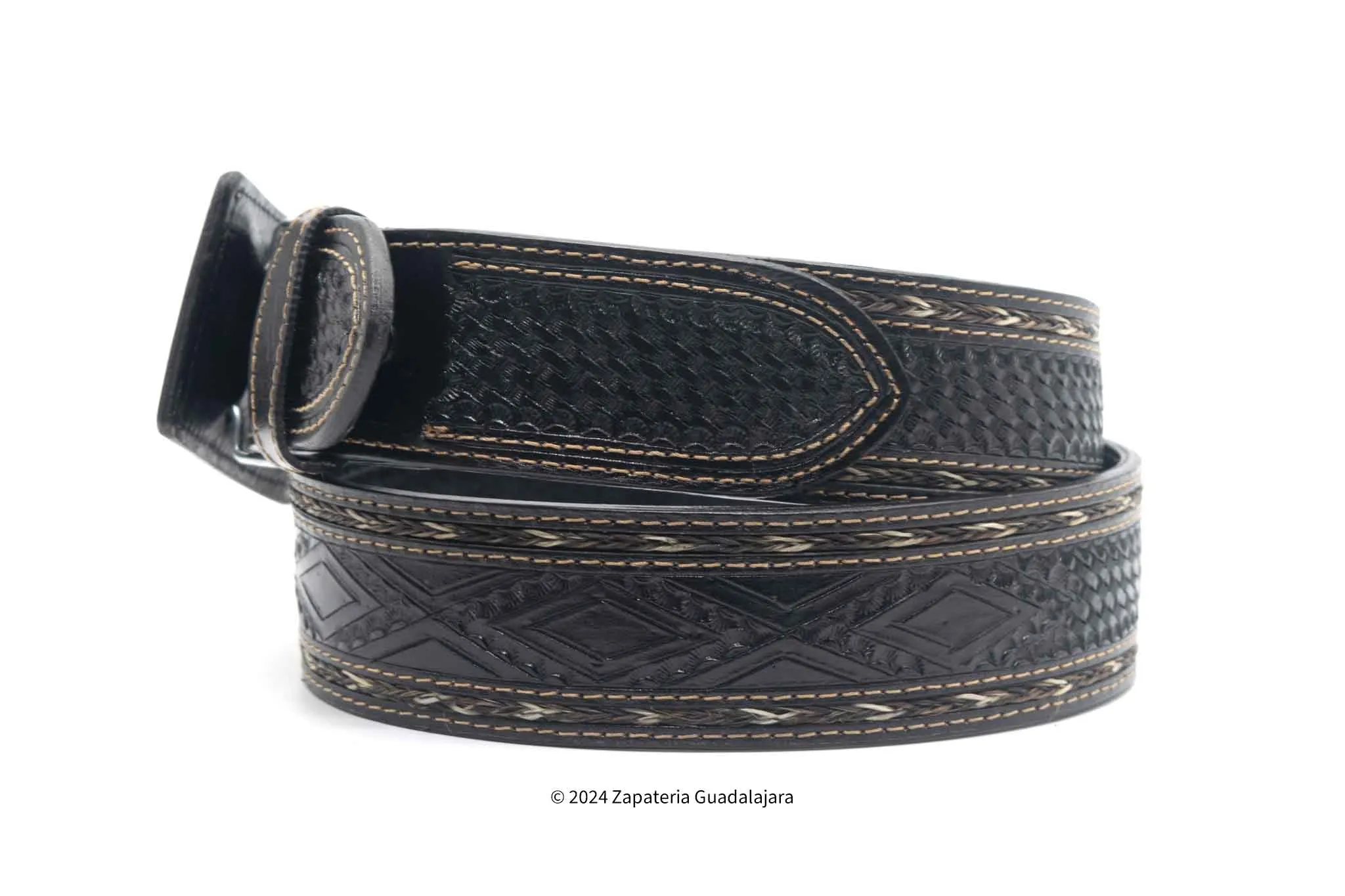 CIN001 MEN HAND-TOOLED WESTERN LEATHER BELT BLACK