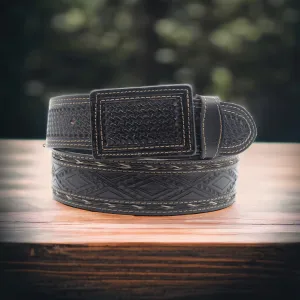 CIN001 MEN HAND-TOOLED WESTERN LEATHER BELT BLACK
