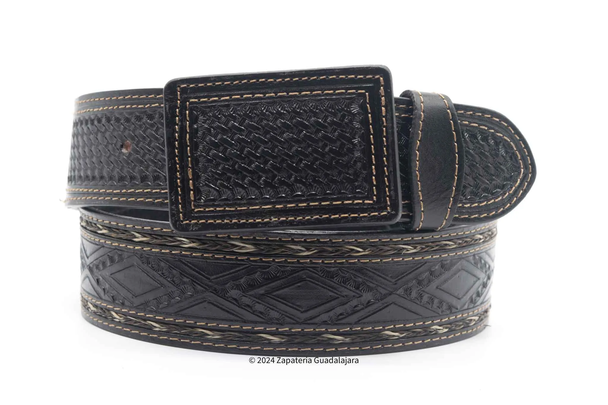 CIN001 MEN HAND-TOOLED WESTERN LEATHER BELT BLACK
