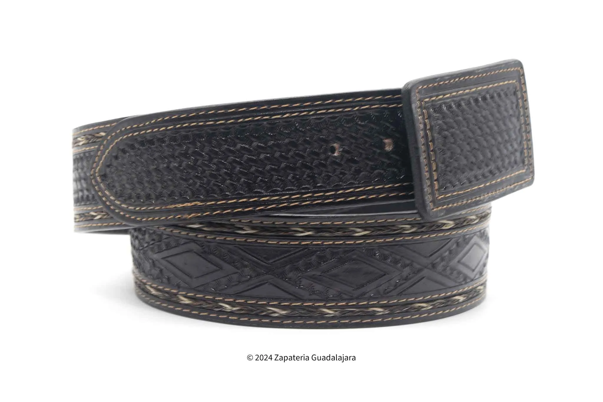 CIN001 MEN HAND-TOOLED WESTERN LEATHER BELT BLACK
