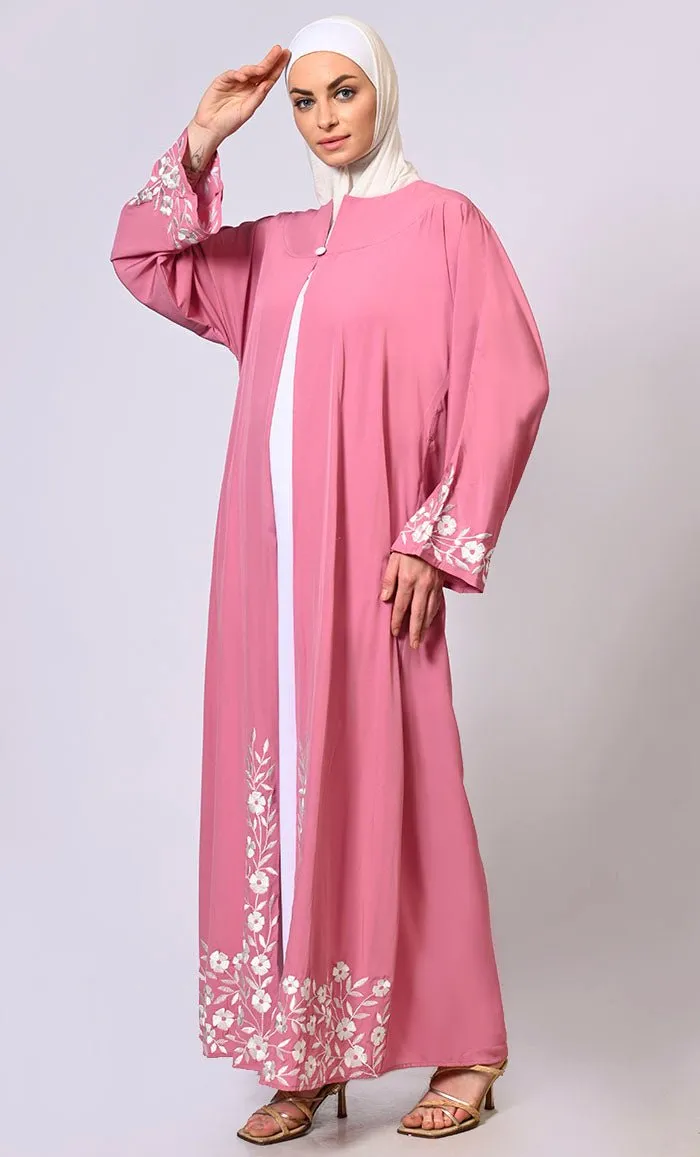 Embroidered Enchantment: Graceful Pink Abaya with Delicate Details and Belt