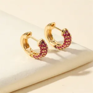 Gold Huggie Hoop Earrings with Pink Crystals-jlt11821