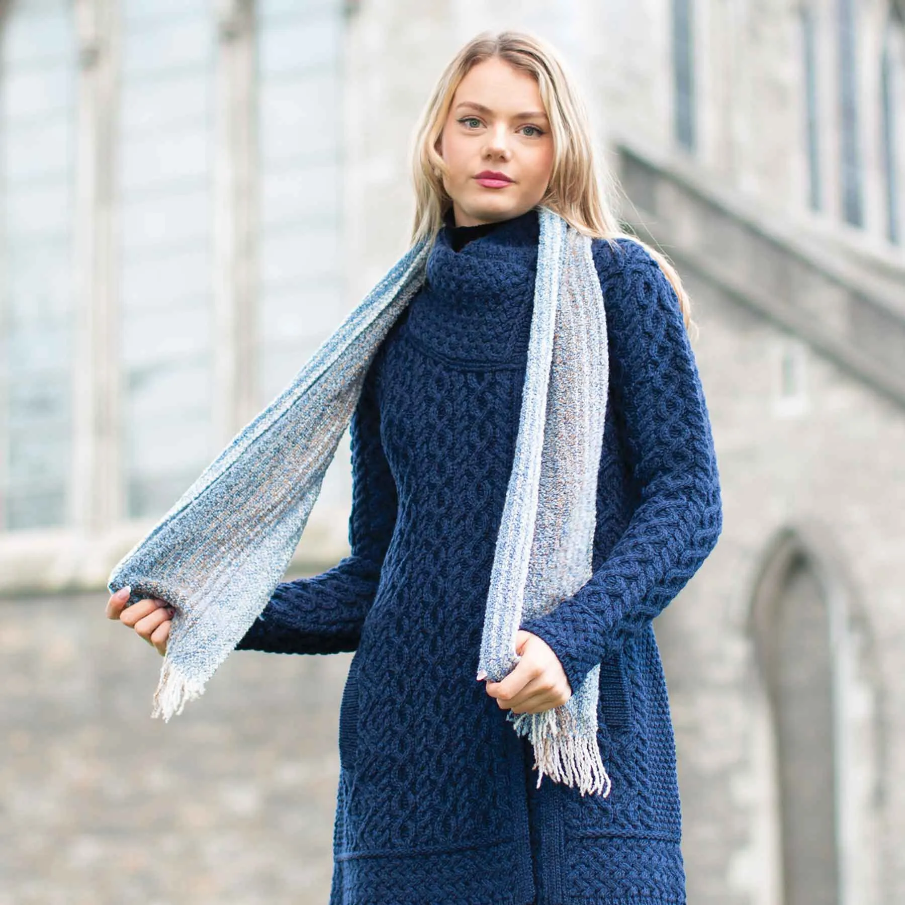 Mucros Weavers Skellig Scarf- Blue and Cream