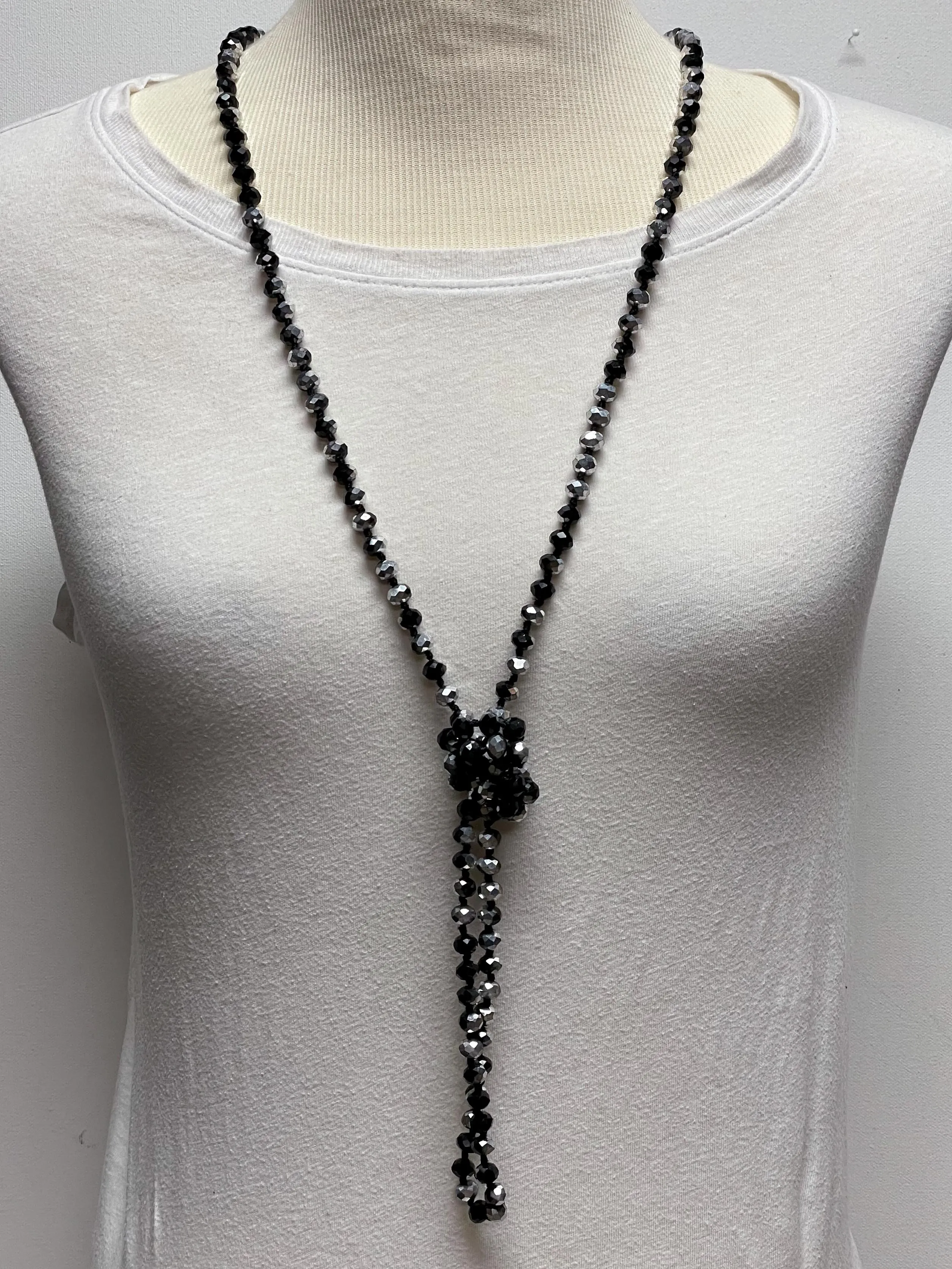 NK-2244 BLACK SILVER 60" hand knotted glass bead necklace