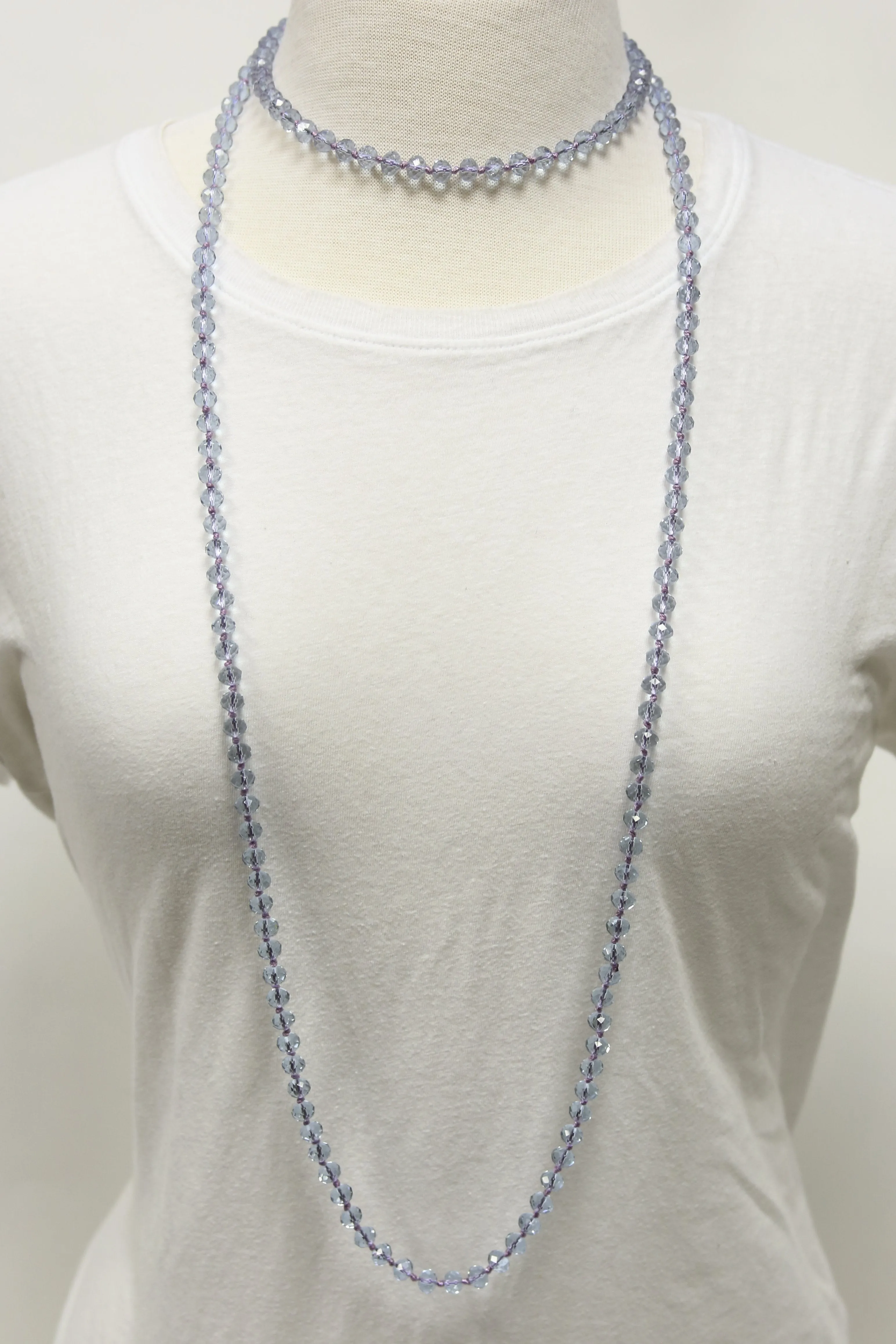 NK-2244 CLEAR LIGHT PUR 60" hand knotted glass bead necklace