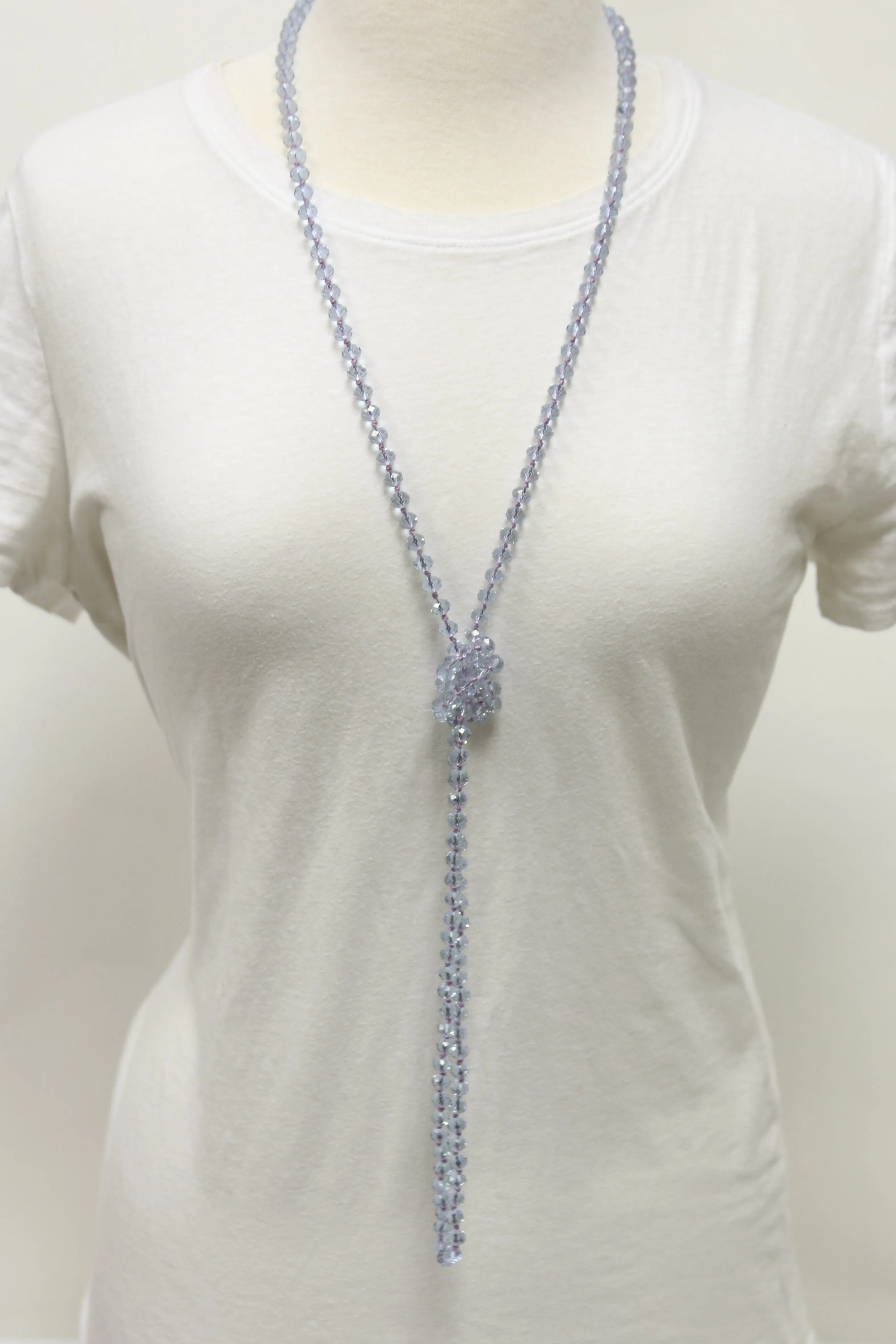 NK-2244 CLEAR LIGHT PUR 60" hand knotted glass bead necklace