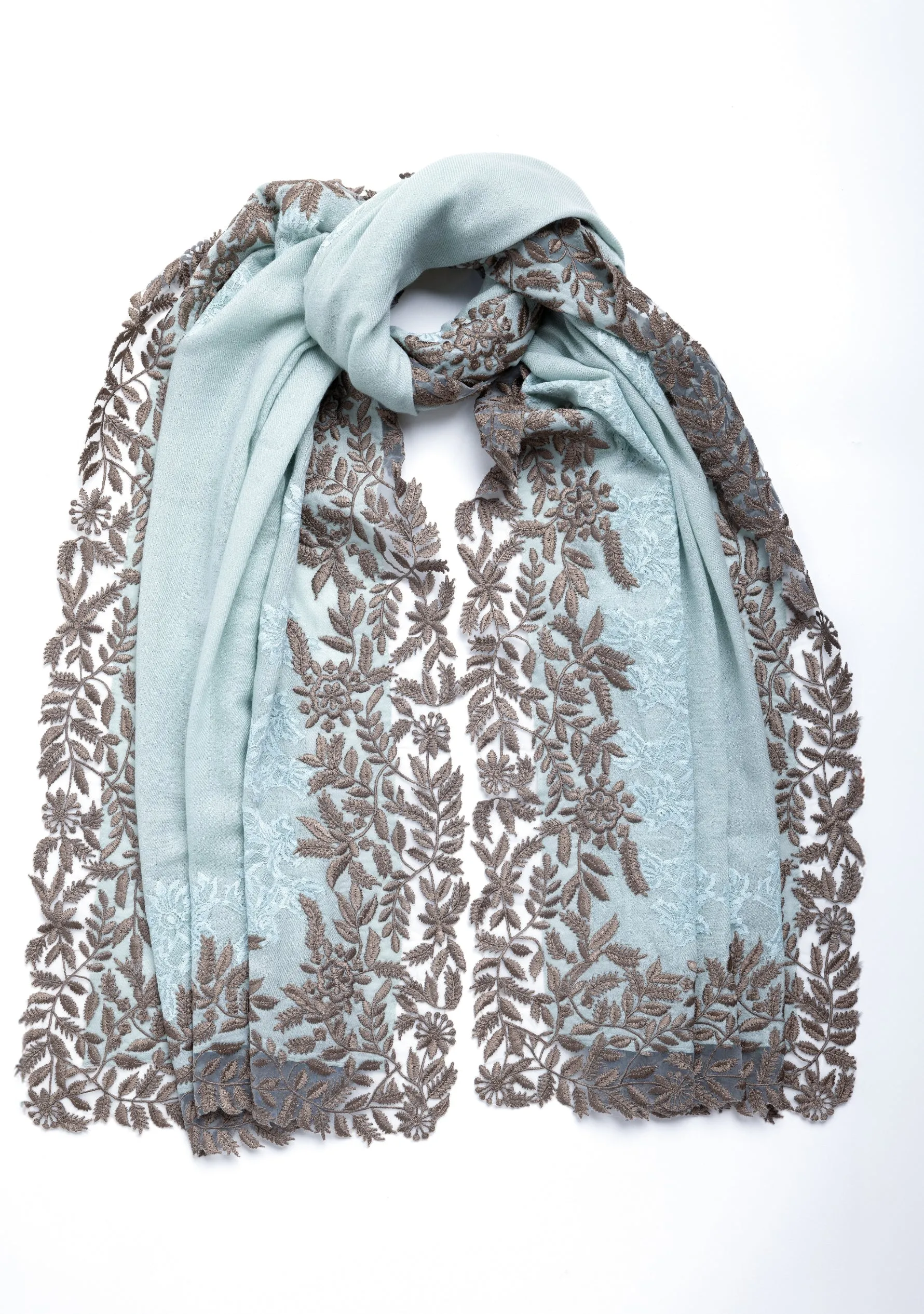 Pistachio Cashmere Scarf with a Taupe Leaf Embroidery Border and Pistachio Floral Lace Inset