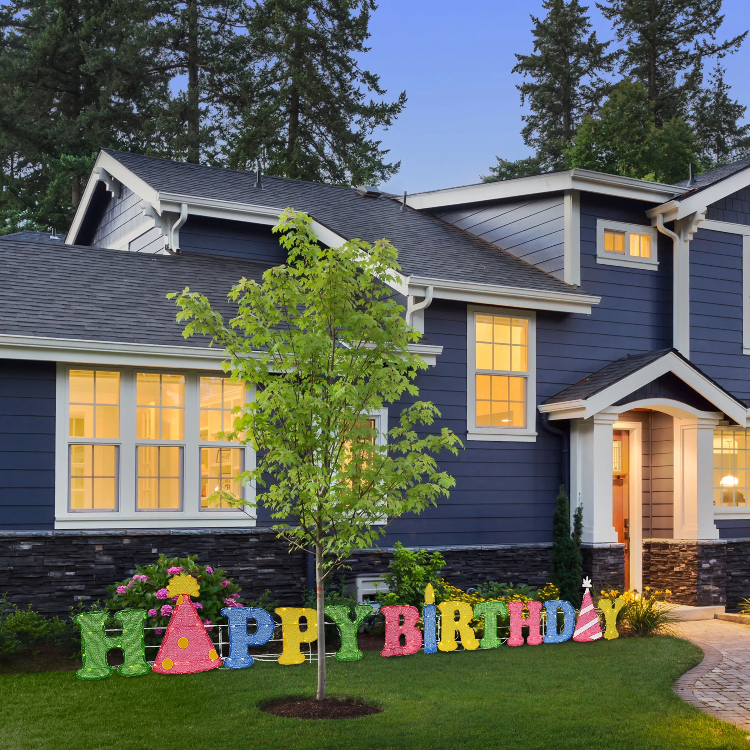 Pre-Lit Happy Birthday Outdoor Sign Decoration, Yellow, Includes 150 LED Lights, Spring Collection, 15 Feet