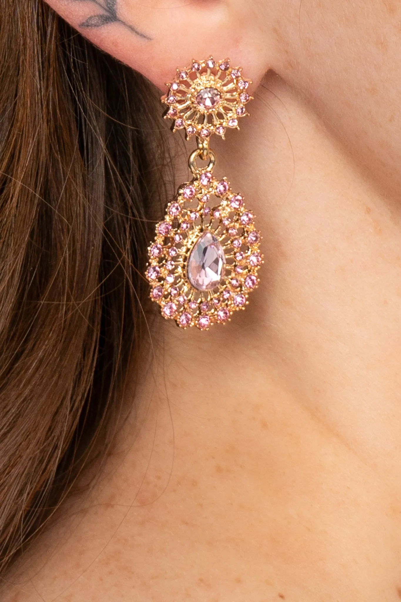 Rhinestone Gold Circle and Teardrop Earrings