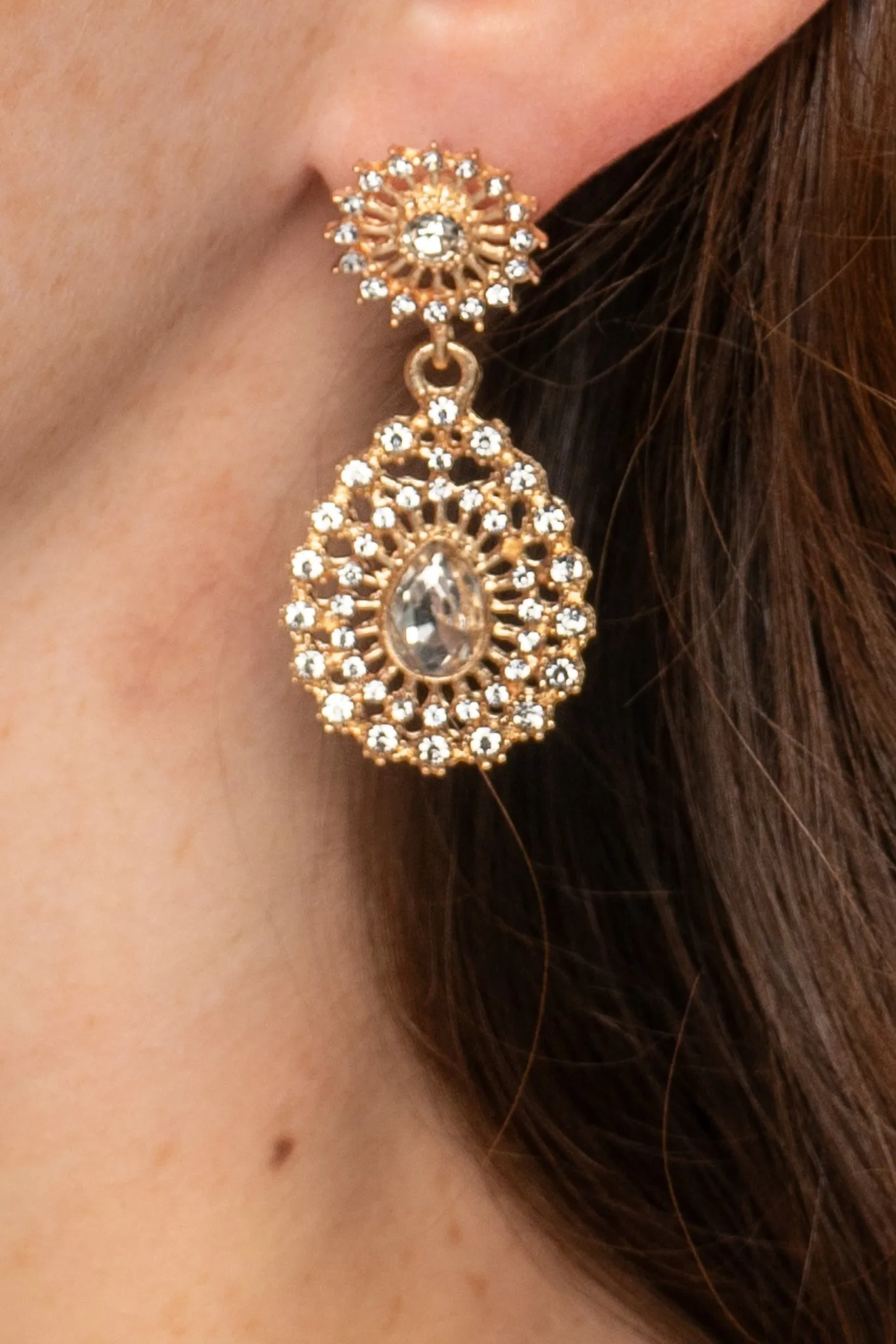 Rhinestone Gold Circle and Teardrop Earrings