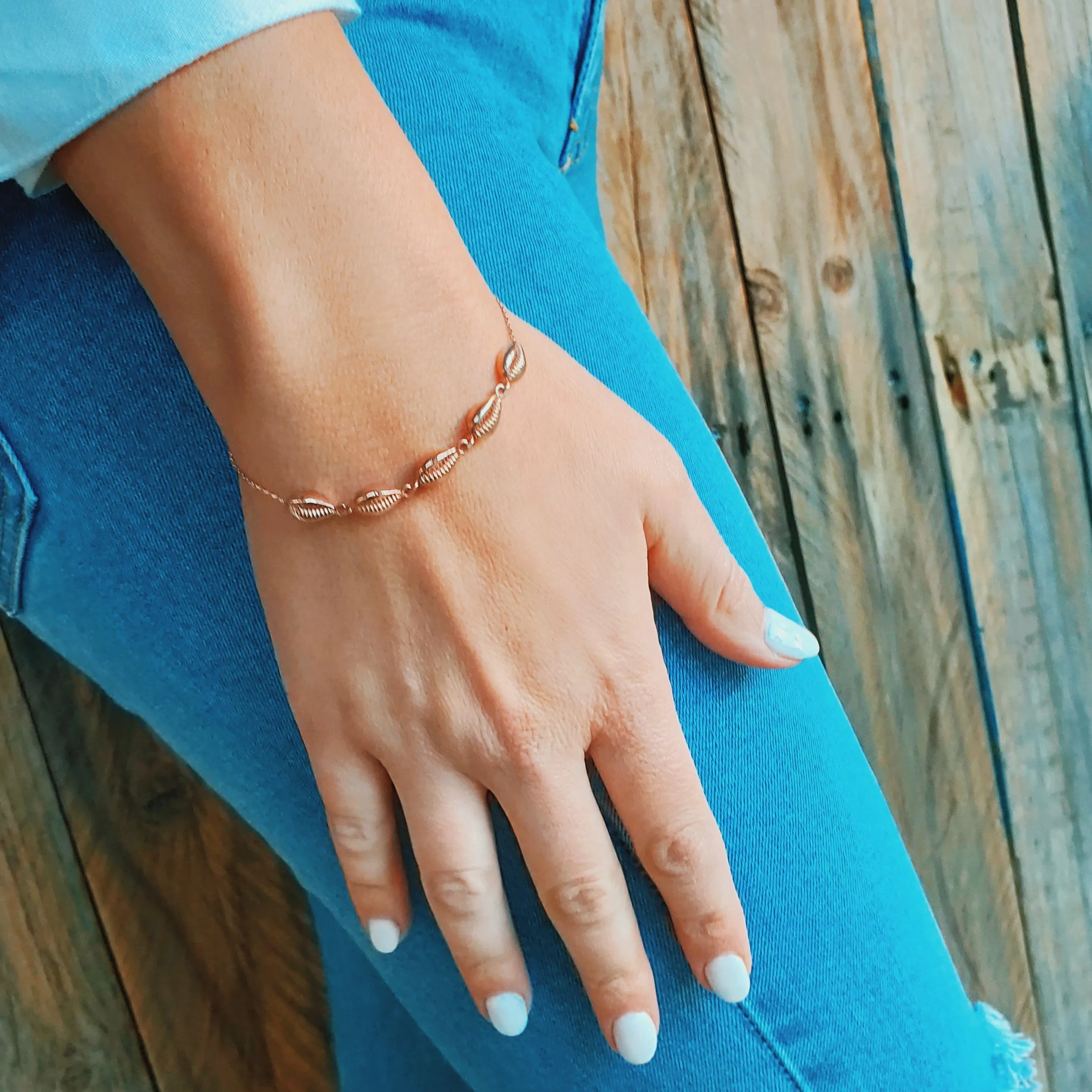 Rose Gold Cowrie Shell boho bracelet - Sterling Silver