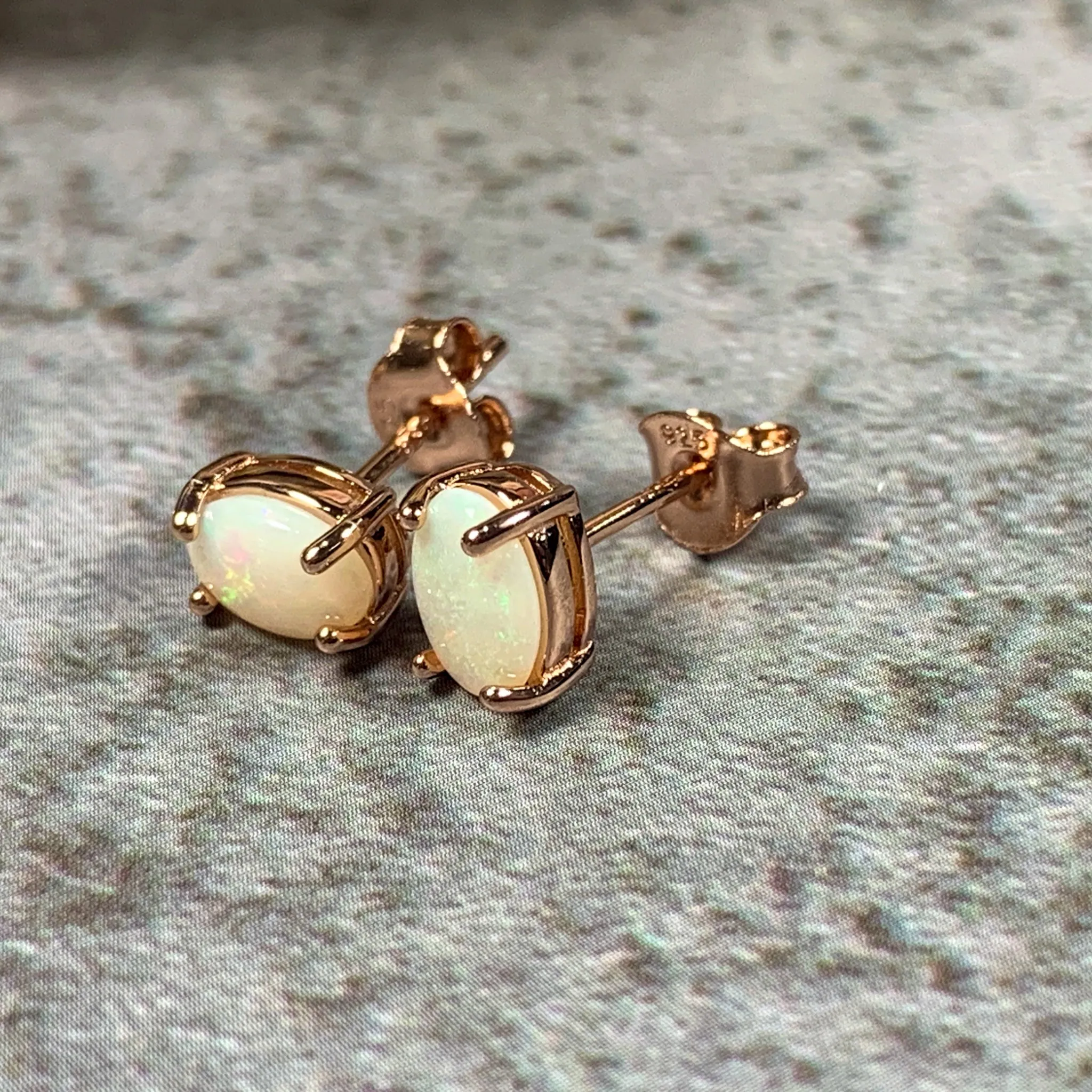 Rose Gold plated silver 7x5mm White Opal studs