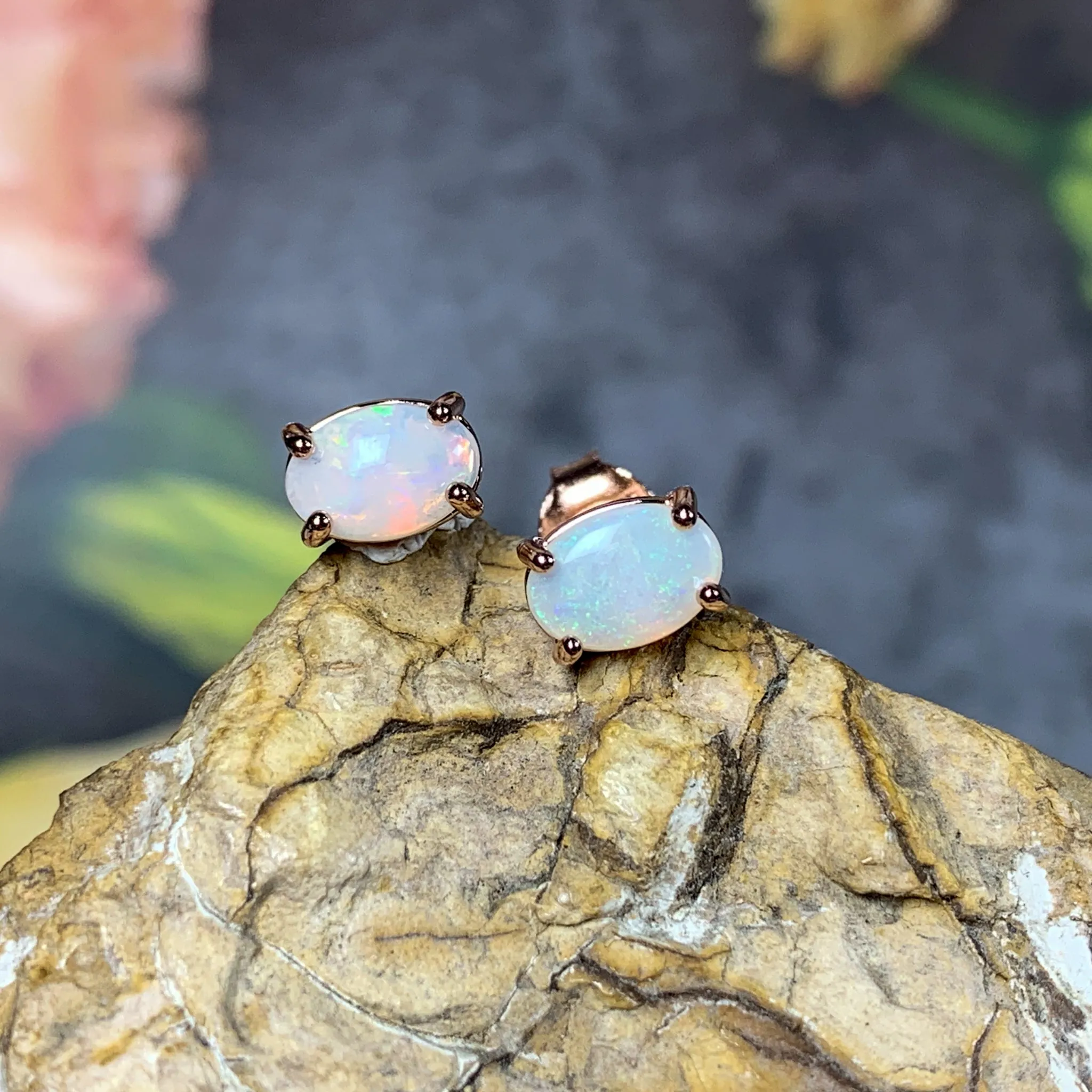 Rose Gold plated silver 7x5mm White Opal studs
