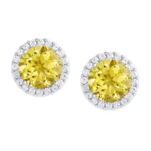 Silver Plated Round Simulated Citrine & CZ Stud Earrings
