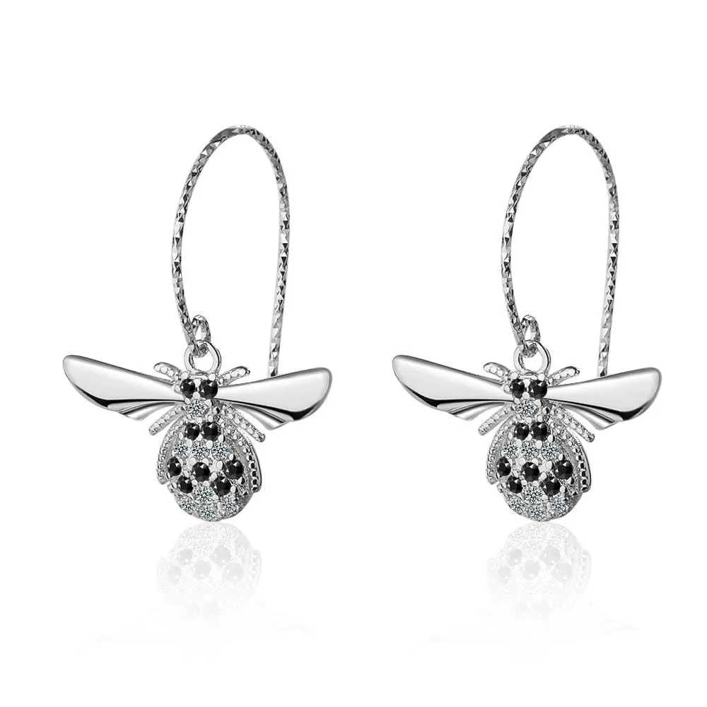 Sparkling Beez B Bug Dangle Earrings in White Gold
