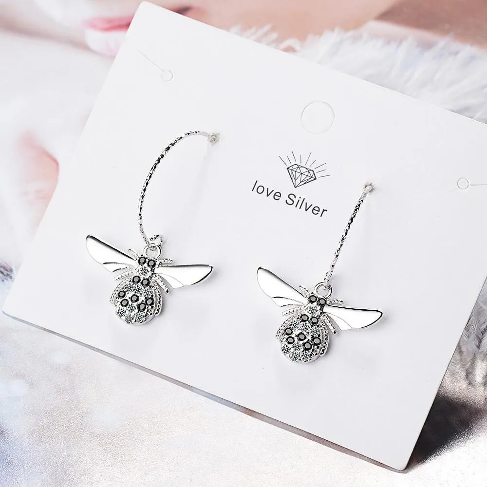 Sparkling Beez B Bug Dangle Earrings in White Gold