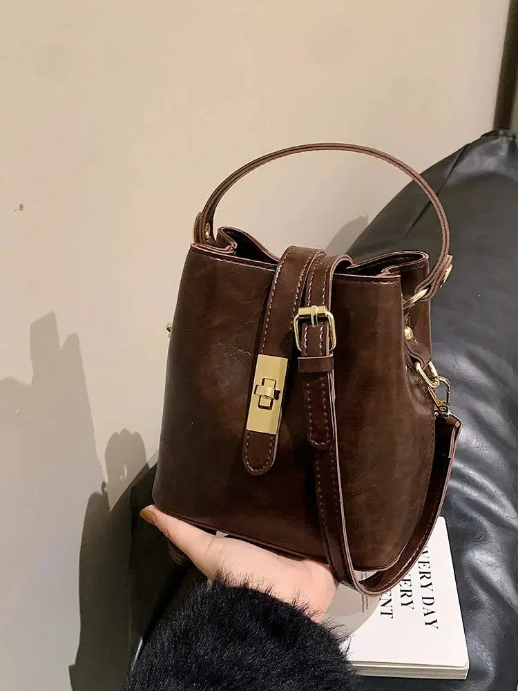 Stylish Metal Buckle Bucket Shaped Bag